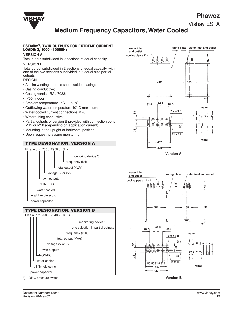 Phawoz, Medium frequency capacitors, water cooled, Vishay esta | Type designation: version b, Estafi lm, Type designation: version a | C&H Technology Phawoz User Manual | Page 2 / 4