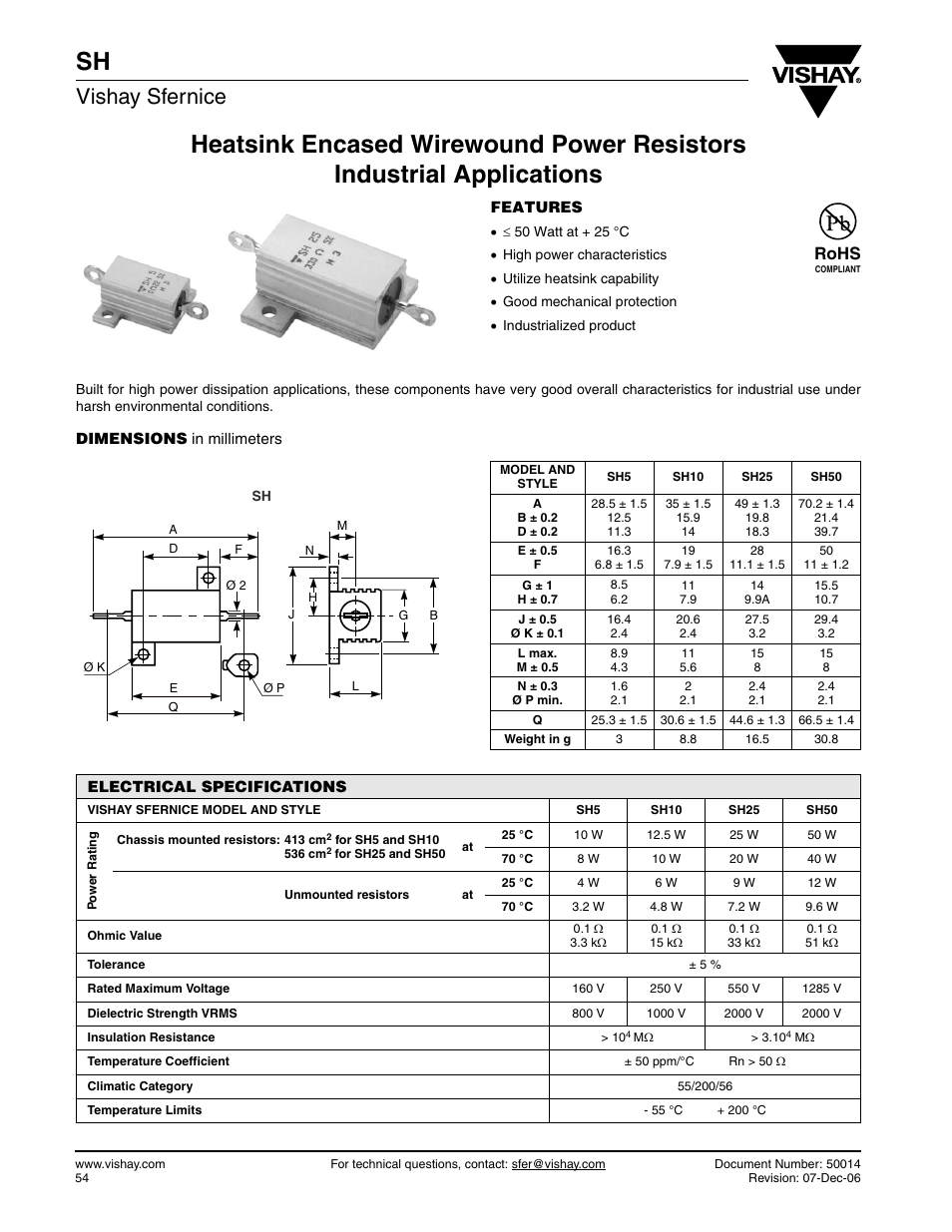 Vishay sfernice, Rohs | C&H Technology SH User Manual | Page 2 / 3