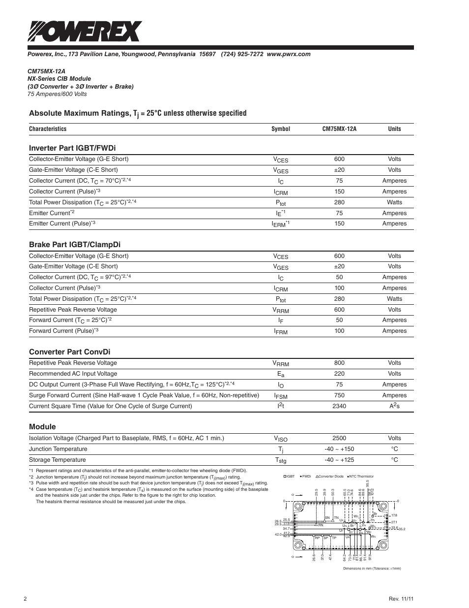 Absolute maximum ratings, t, 25°c unless otherwise specified, Inverter part igbt/fwdi | Brake part igbt/clampdi, Converter part convdi, Module | C&H Technology CM75MX-12A User Manual | Page 3 / 8