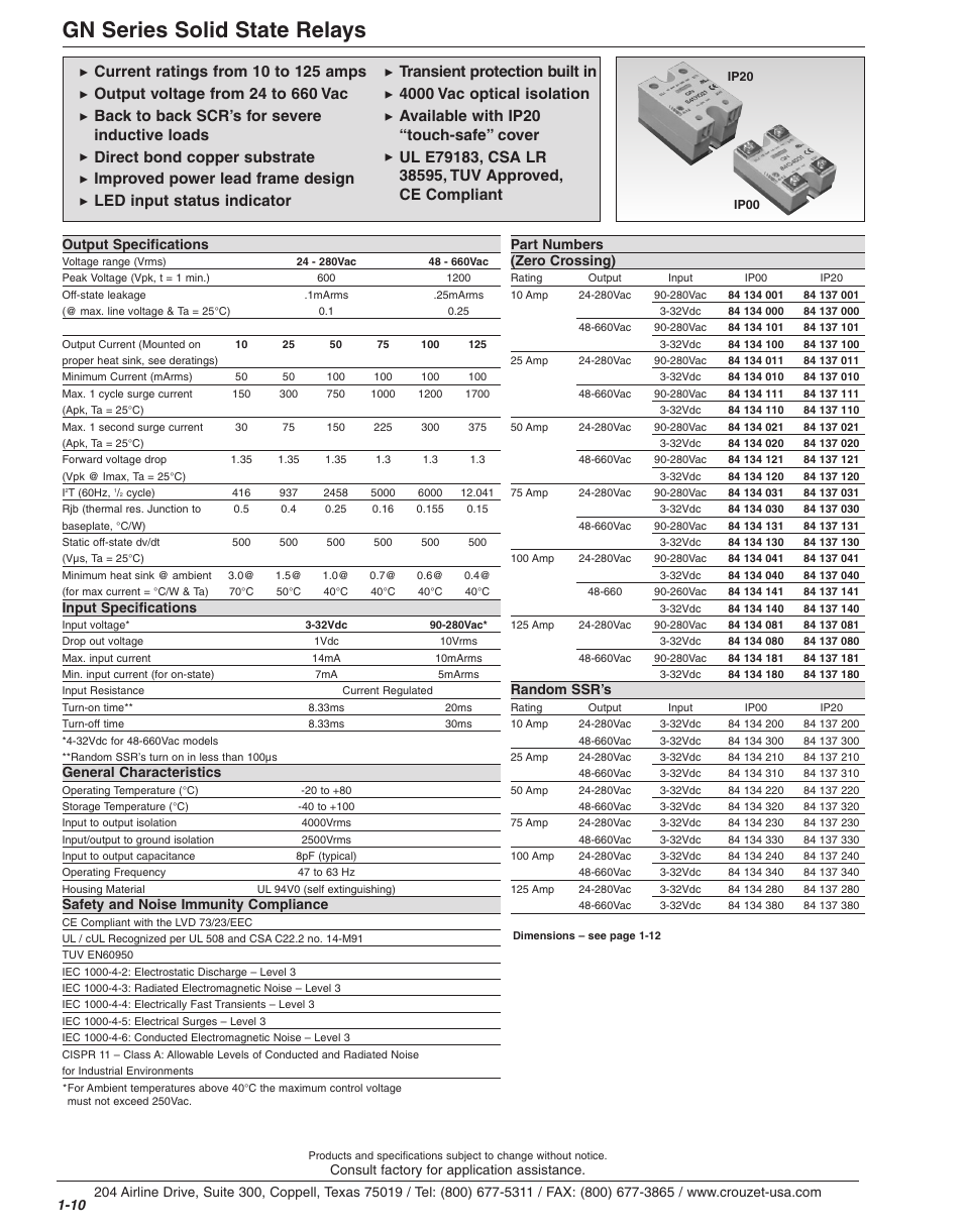 Gn series solid state relays, Back to back scr’s for severe inductive loads, Direct bond copper substrate | Improved power lead frame design, Led input status indicator, Transient protection built in, 4000 vac optical isolation, Available with ip20 “touch-safe” cover, 10 part numbers (zero crossing), Random ssr’s | C&H Technology CHASSR75 User Manual | Page 2 / 4