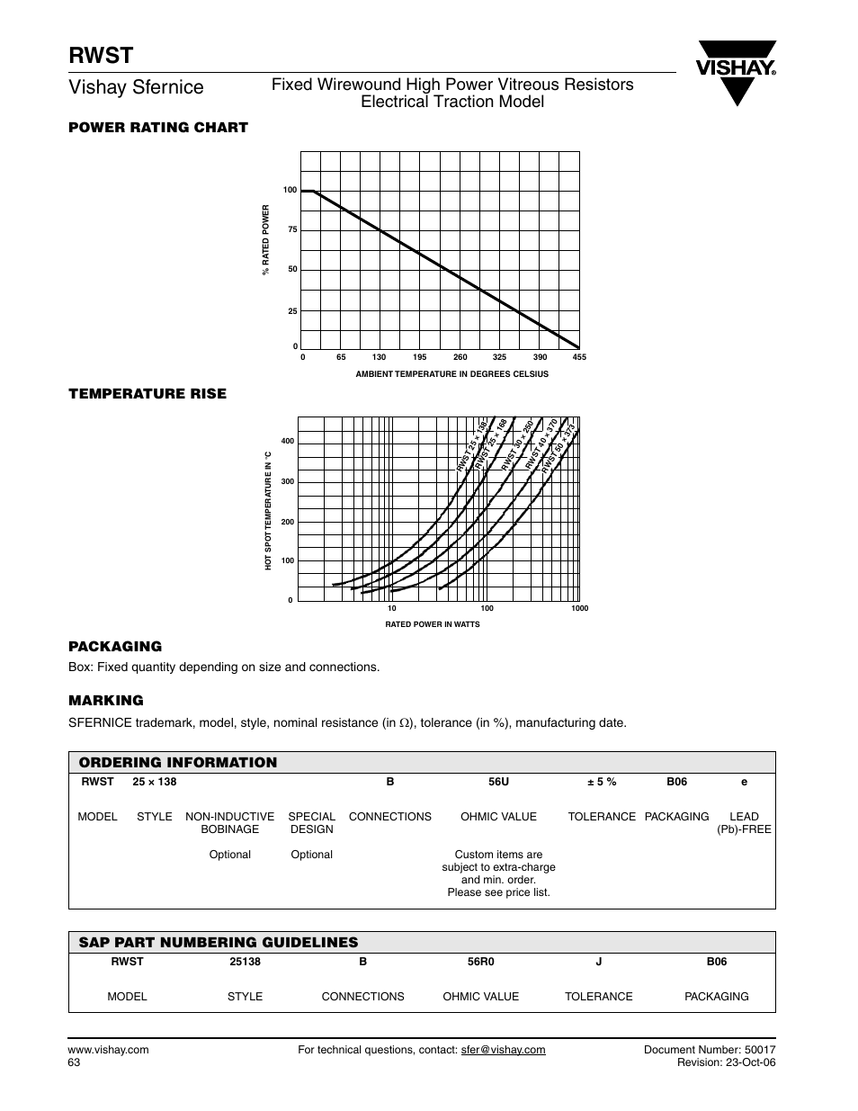 Rwst, Vishay sfernice, Power rating chart temperature rise packaging | Marking, Ordering information, Sap part numbering guidelines | C&H Technology RWST User Manual | Page 4 / 4
