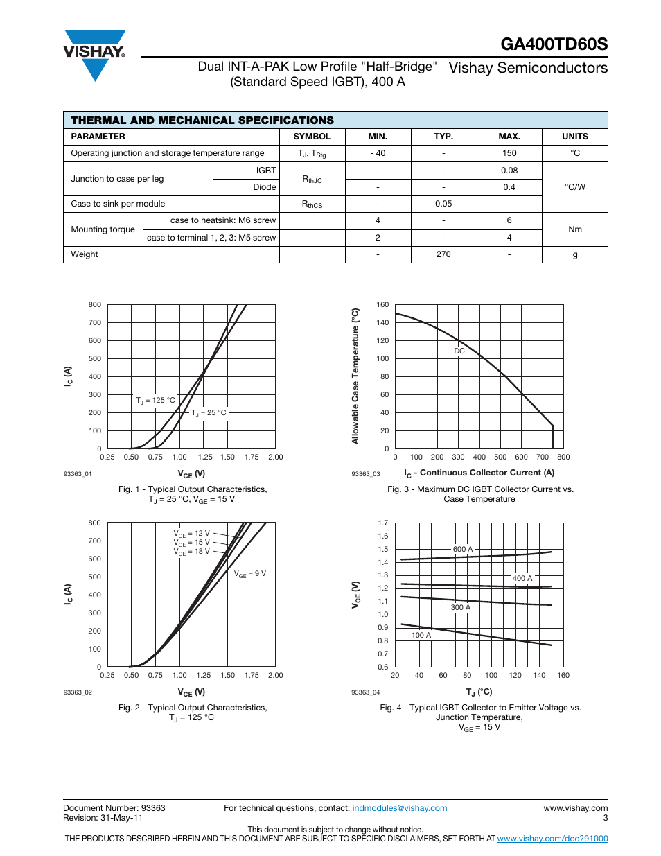 Vishay semiconductors, Thermal and mechanical specifications | C&H Technology VS-GA400TD60S User Manual | Page 4 / 9