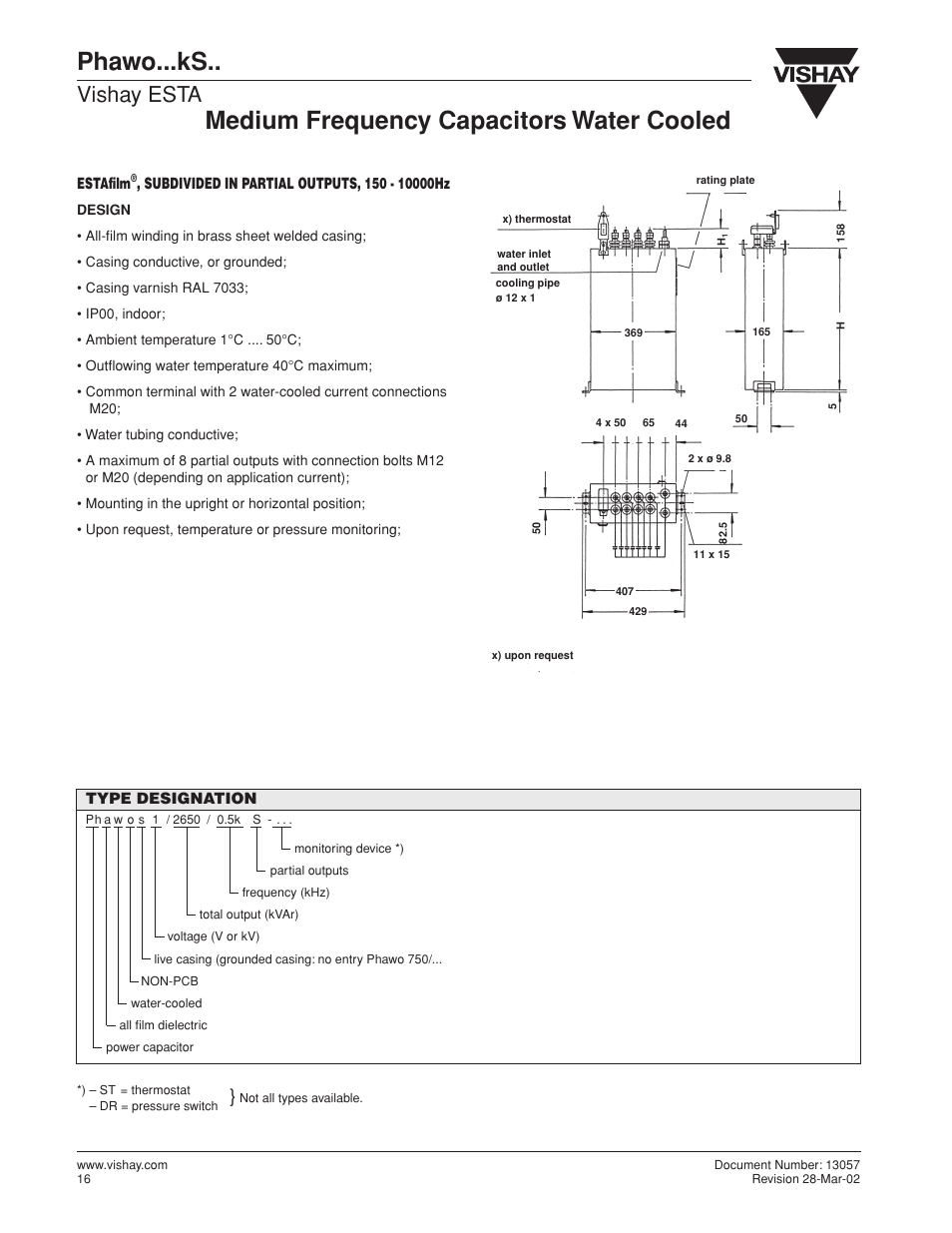 Phawo...ks, Medium frequency capacitors water cooled, Vishay esta | C&H Technology Phawo...kS.. User Manual | Page 2 / 4