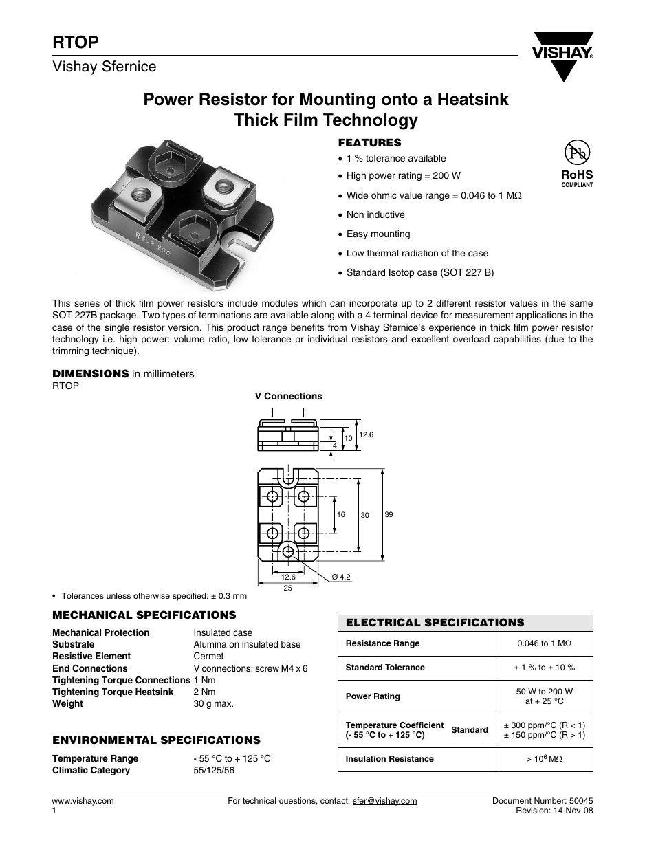 Datasheet, Rtop, Vishay sfernice | Rohs | C&H Technology RTOP User Manual | Page 2 / 6