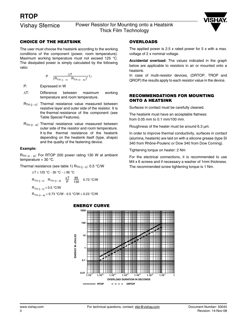 Rtop, Vishay sfernice, Choice of the heatsink | Overloads, Recommendations for mounting onto a heatsink, Energy curve | C&H Technology RTOP User Manual | Page 4 / 6