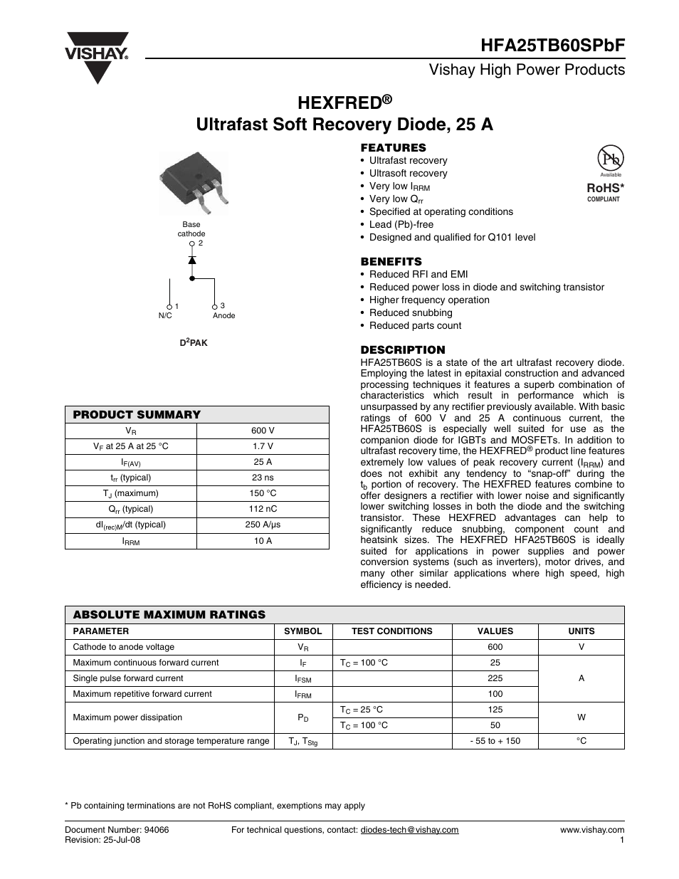 Vishay HFA25TB60SPbF User Manual | 6 pages