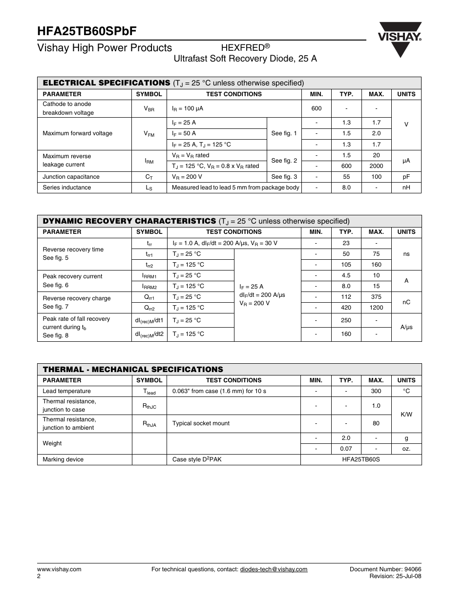 Hfa25tb60spbf, Vishay high power products, Hexfred | Ultrafast soft recovery diode, 25 a | Vishay HFA25TB60SPbF User Manual | Page 2 / 6