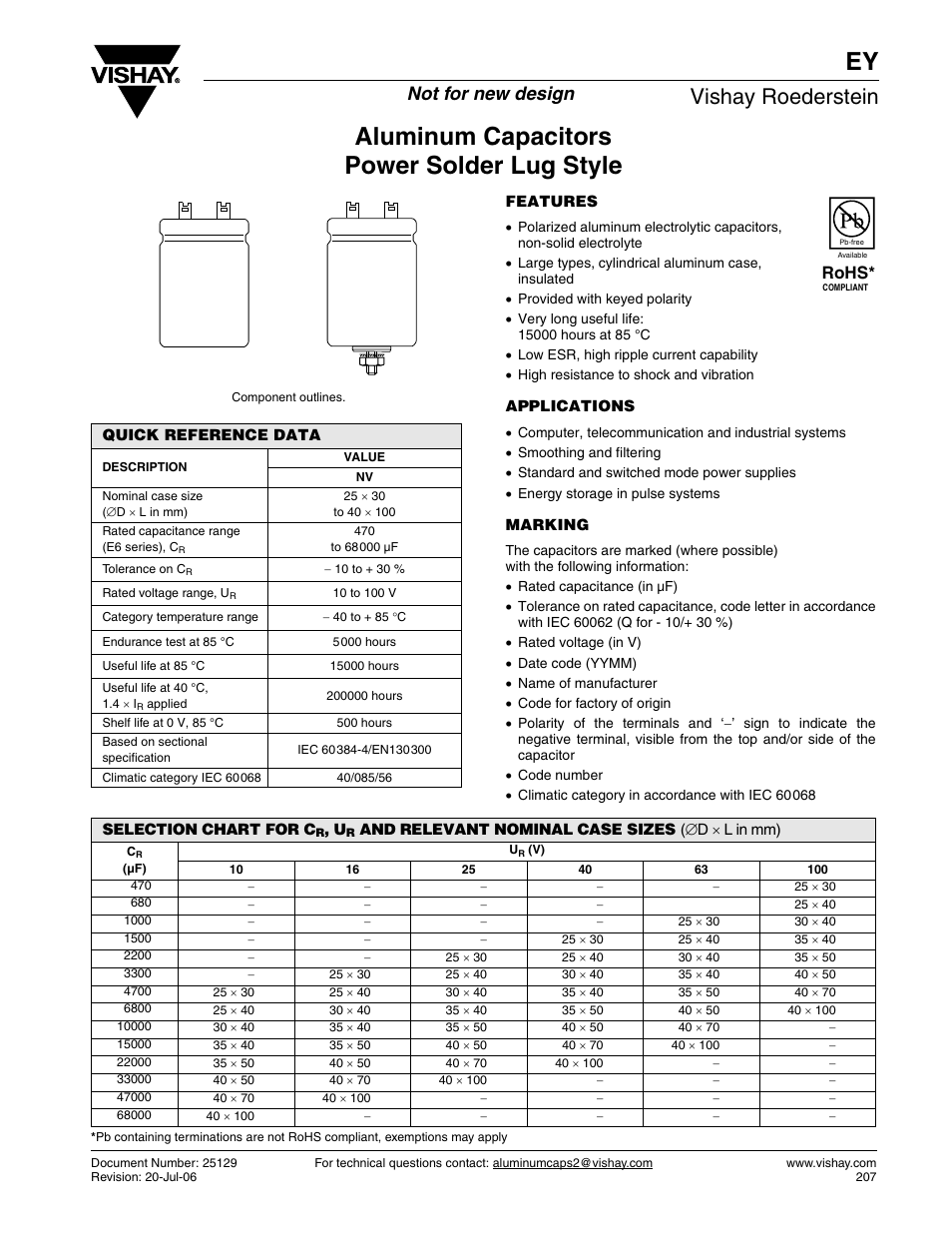 Aluminum capacitors power solder lug style, Vishay roederstein, Not for new design | Rohs | C&H Technology EY User Manual | Page 2 / 5