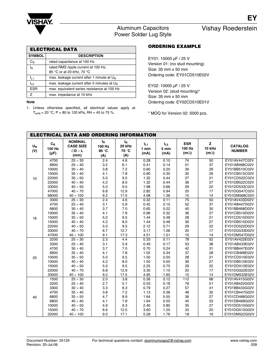 Vishay roederstein, Aluminum capacitors power solder lug style | C&H Technology EY User Manual | Page 4 / 5