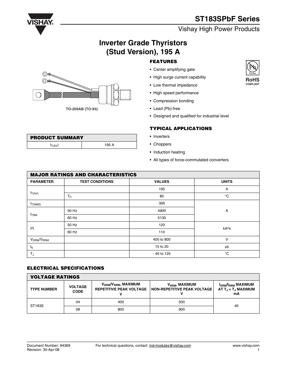 Vishay high power products, Rohs | C&H Technology ST183SPbF Series User Manual | Page 2 / 9