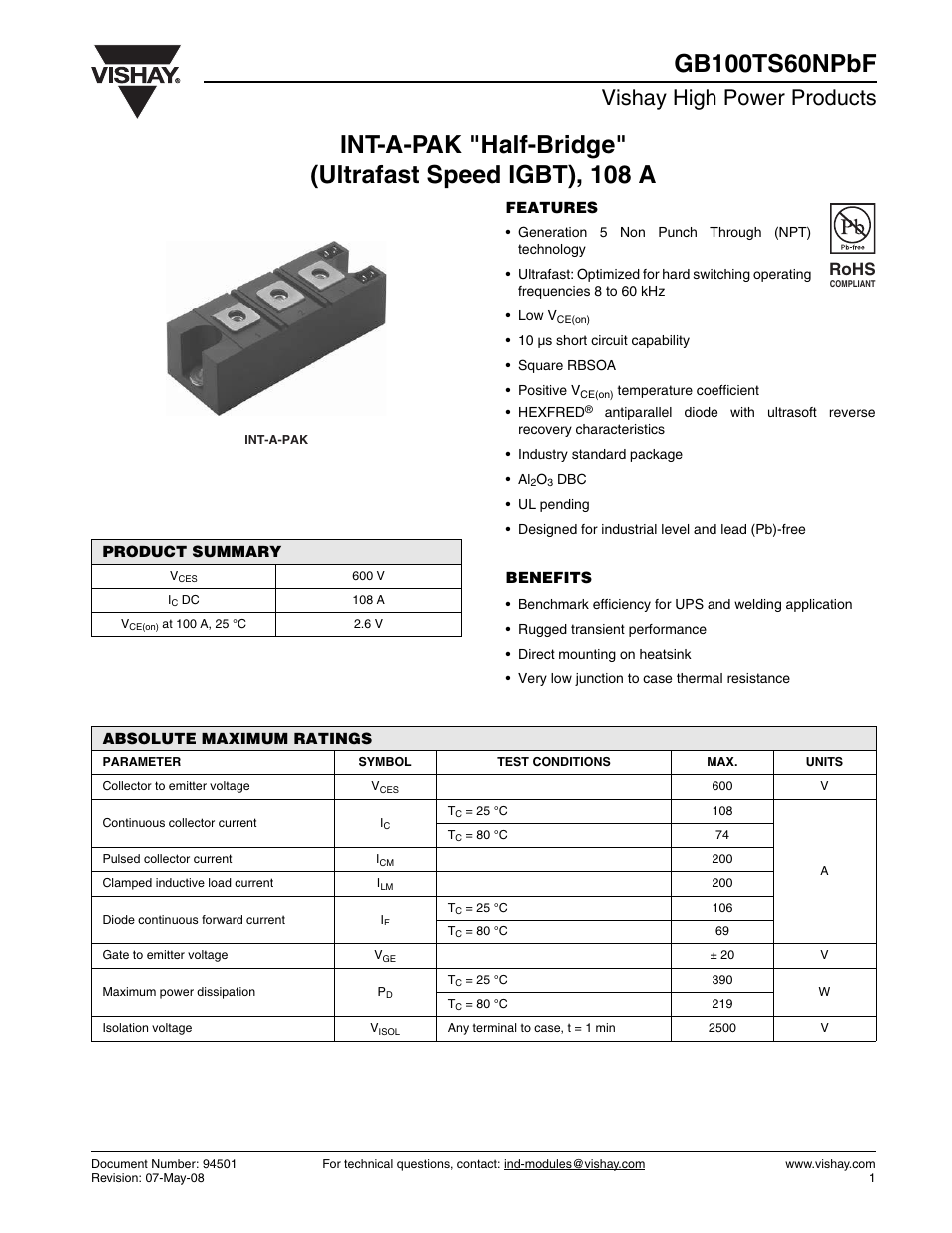 Datasheet, Vishay high power products, Rohs | C&H Technology GB100TS60NPbF User Manual | Page 2 / 9