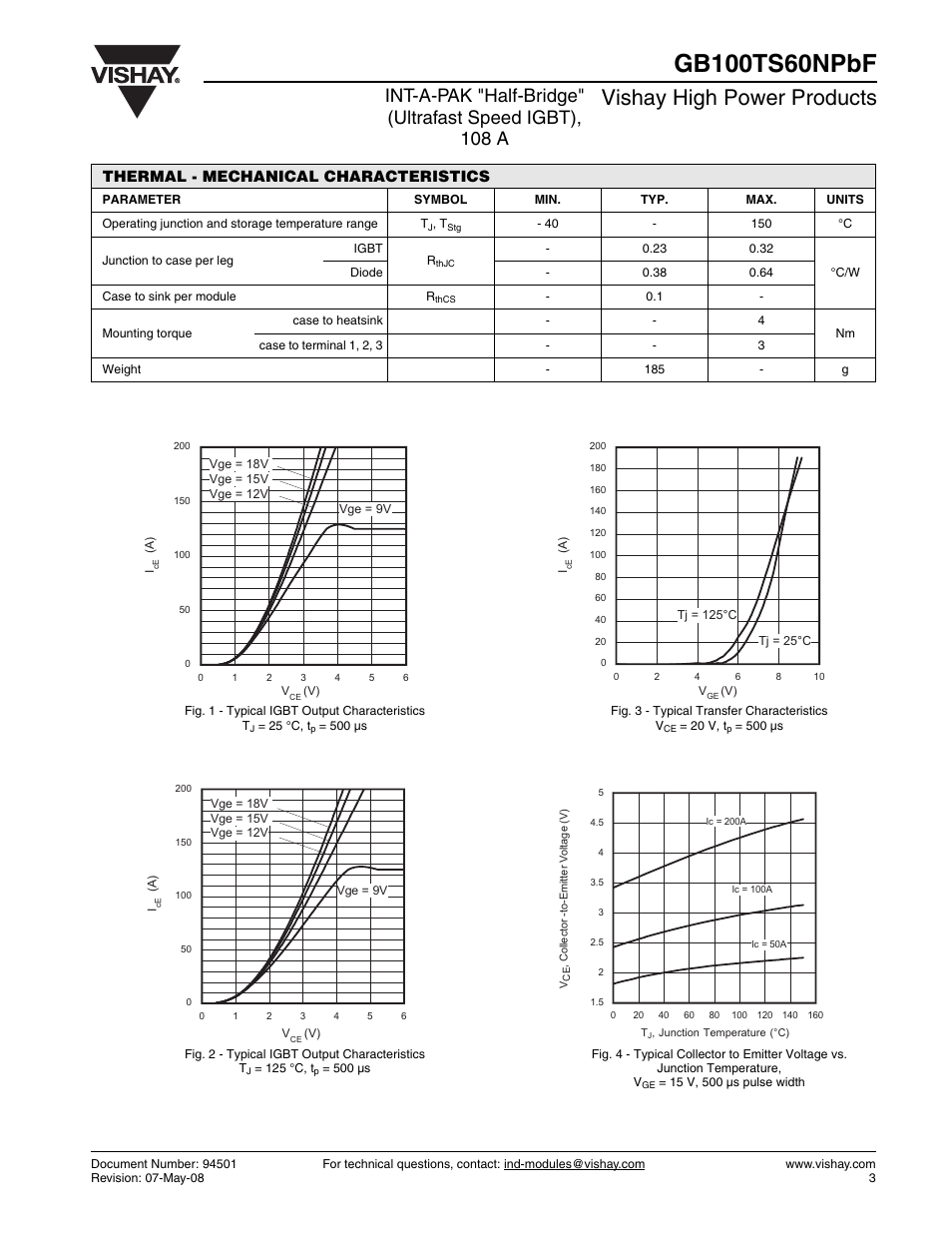 Vishay high power products, Thermal - mechanical characteristics | C&H Technology GB100TS60NPbF User Manual | Page 4 / 9