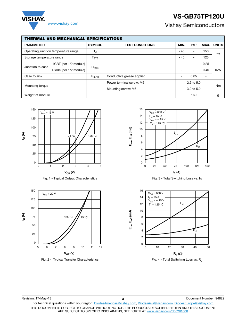Vishay semiconductors, Thermal and mechanical specifications | C&H Technology VS-GB75TP120U User Manual | Page 4 / 7