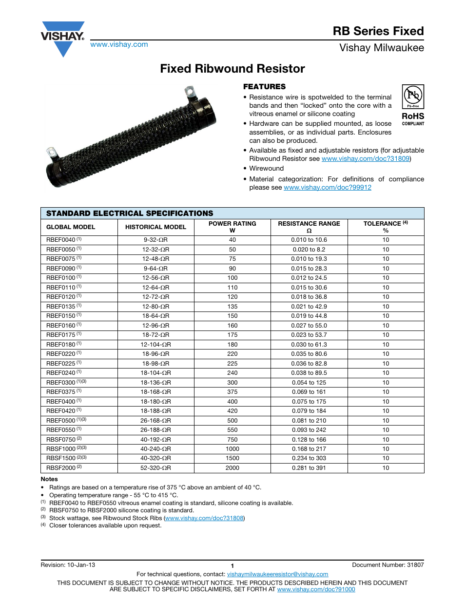 Rb series fixed, Fixed ribwound resistor, Vishay milwaukee | C&H Technology RB Series Fixed User Manual | Page 2 / 5