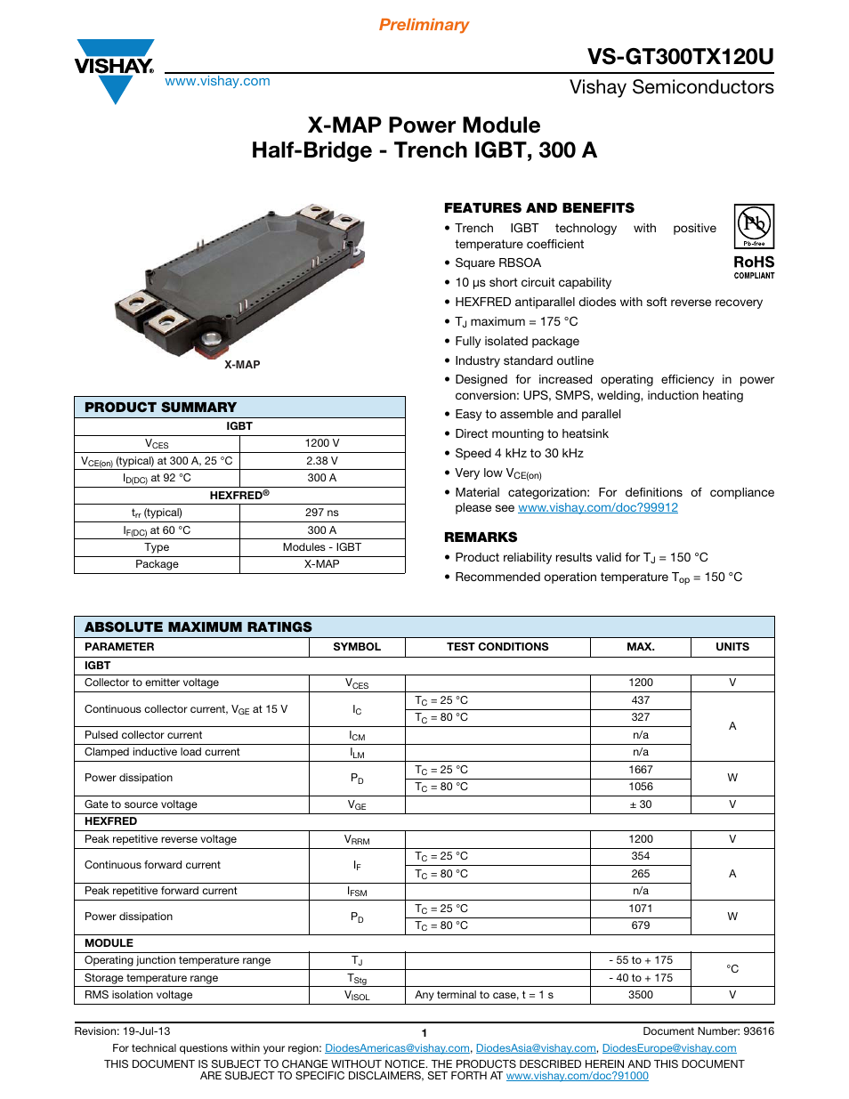 Vishay semiconductors, Preliminary | C&H Technology VS-GT300TX120U User Manual | Page 2 / 8