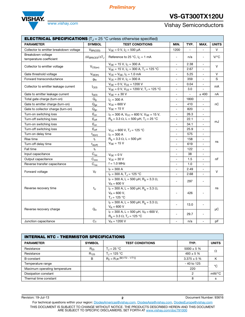 Vishay semiconductors, Preliminary, Electrical specifications (t | 25 °c unless otherwise specified), Internal ntc - thermistor specifications | C&H Technology VS-GT300TX120U User Manual | Page 3 / 8