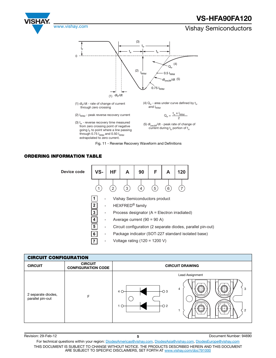 Vishay semiconductors, Ordering information table circuit configuration | C&H Technology VS-HFA90FA120 User Manual | Page 6 / 7