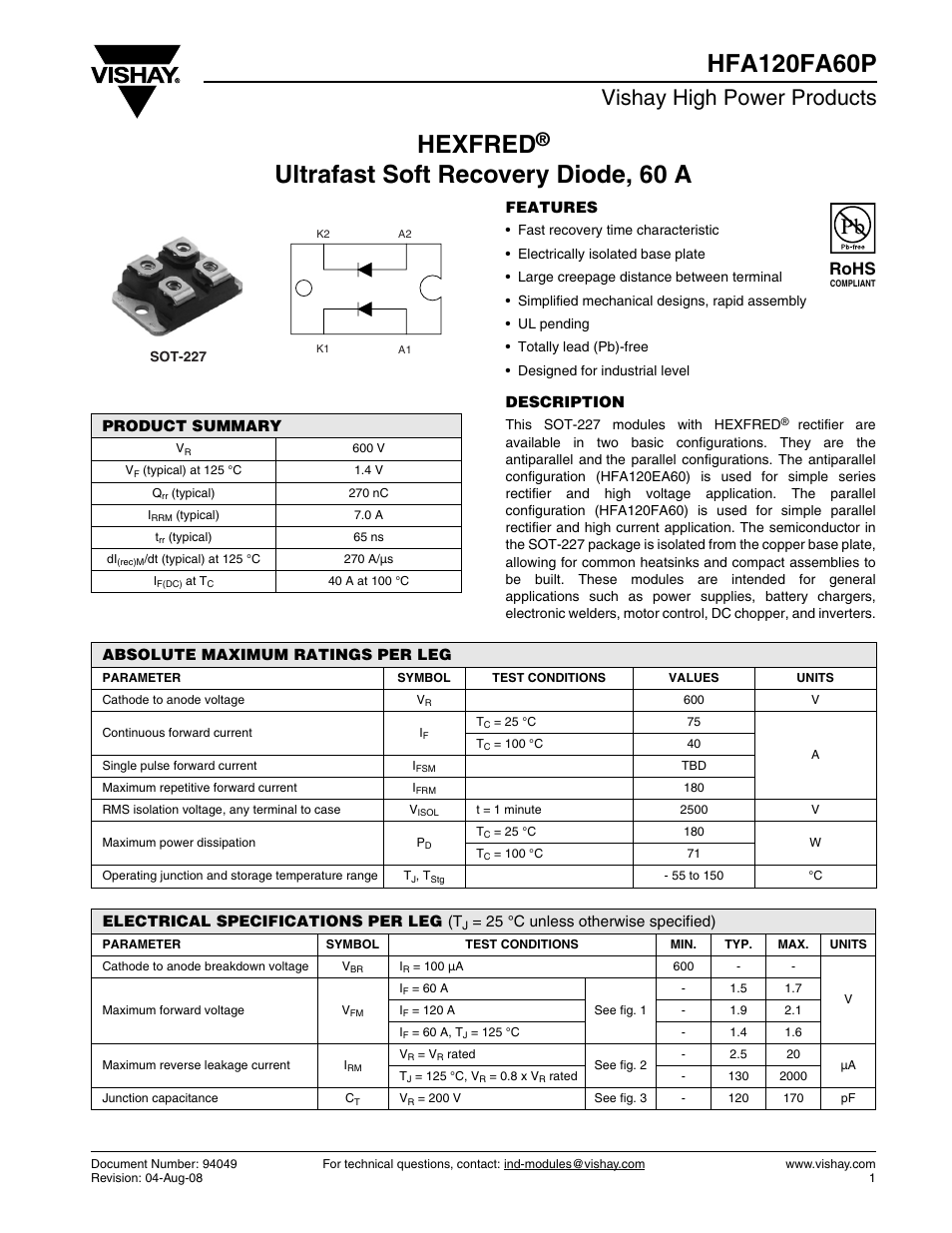 Datasheet, Hexfred, Vishay high power products | Rohs | C&H Technology HFA120FA60P User Manual | Page 2 / 8