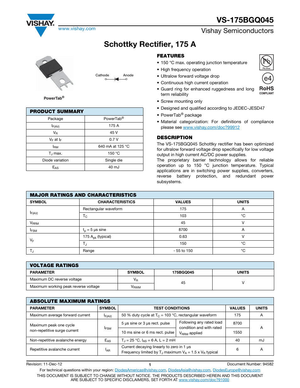 Schottky rectifier, 175 a, Vishay semiconductors | C&H Technology VS-175BGQ045 User Manual | Page 2 / 7