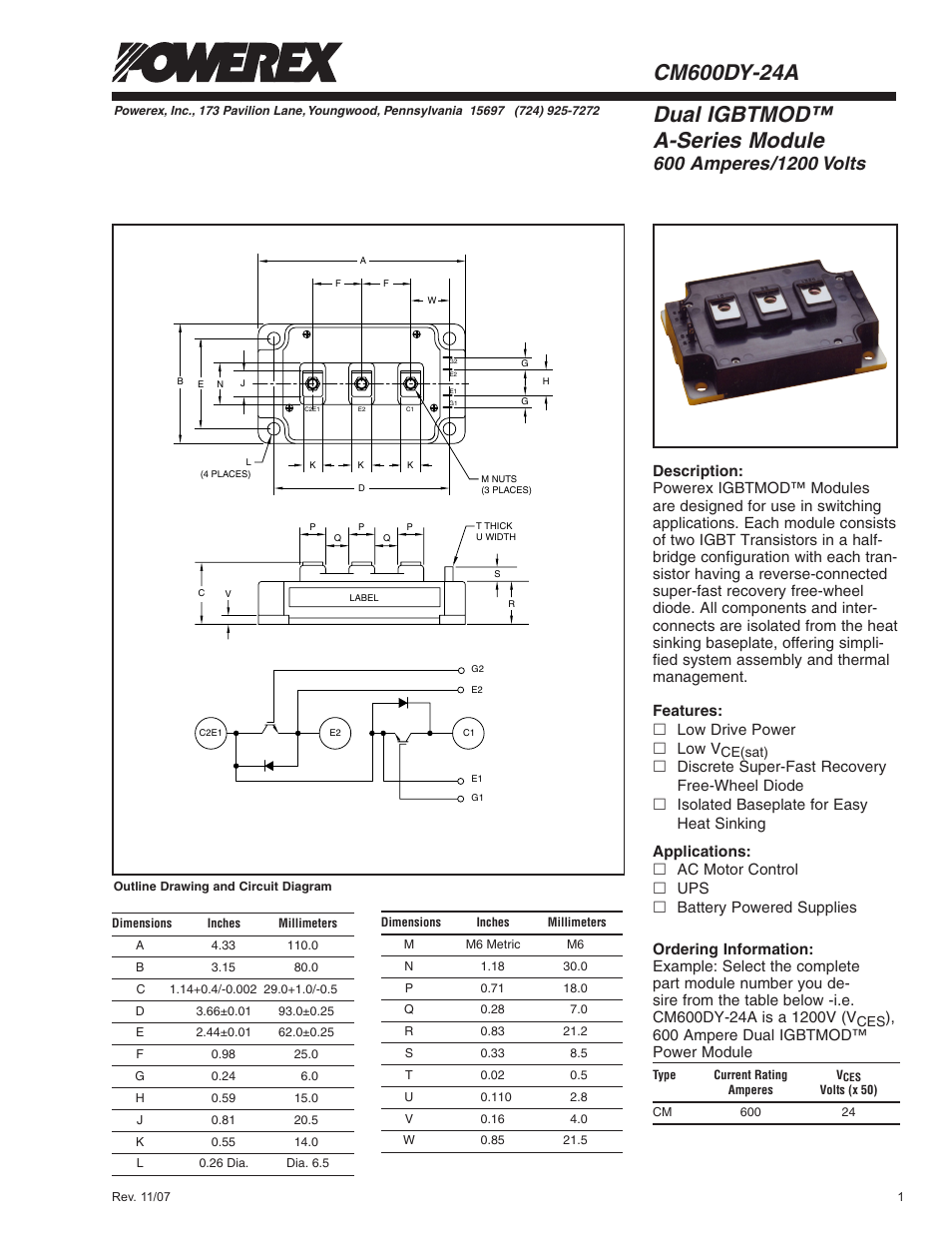 Dual igbtmod™ a-series module | C&H Technology CM600DY-24A User Manual | Page 2 / 5