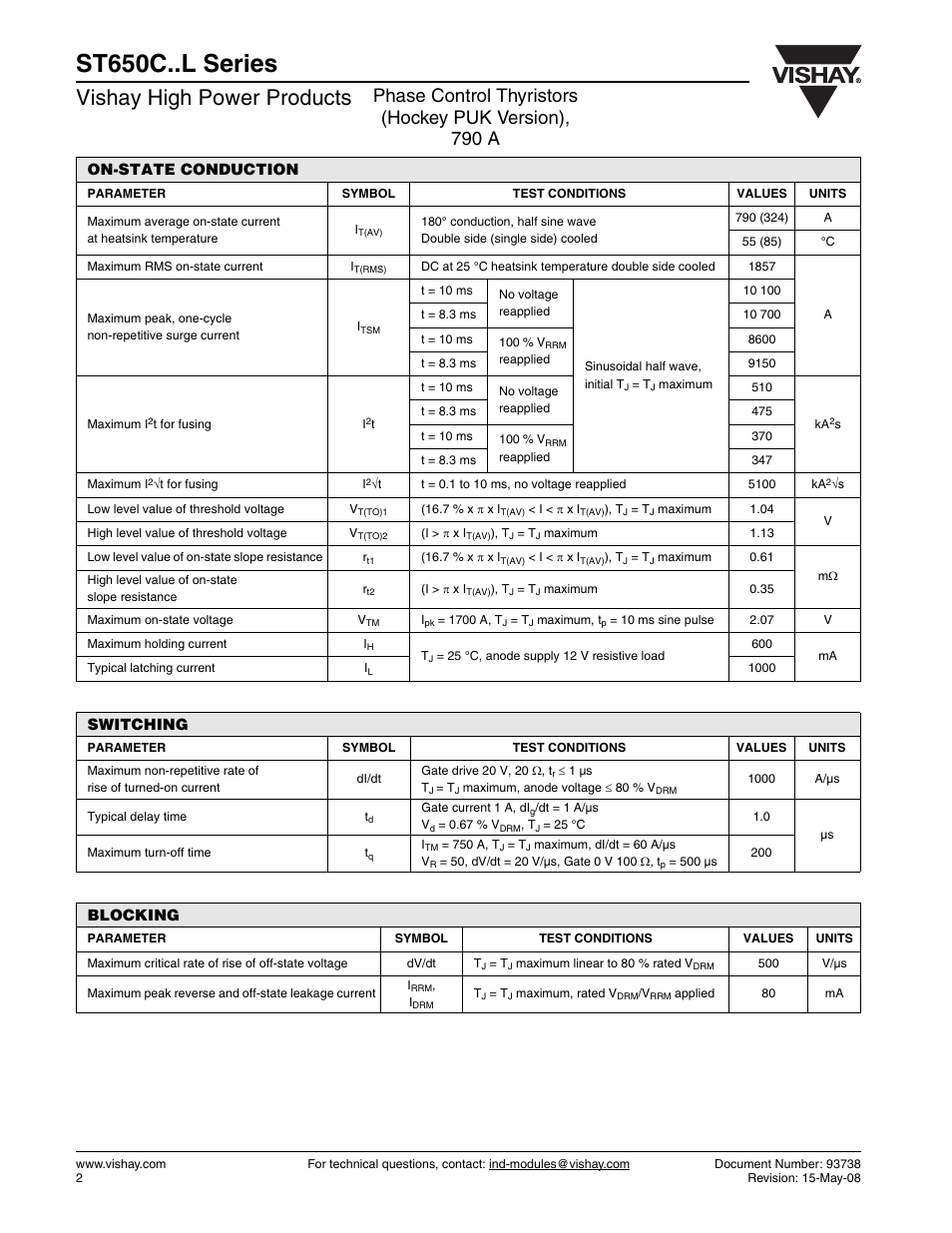 St650c..l series, Vishay high power products, On-state conduction | Switching, Blocking | C&H Technology ST650C..L Series User Manual | Page 3 / 7