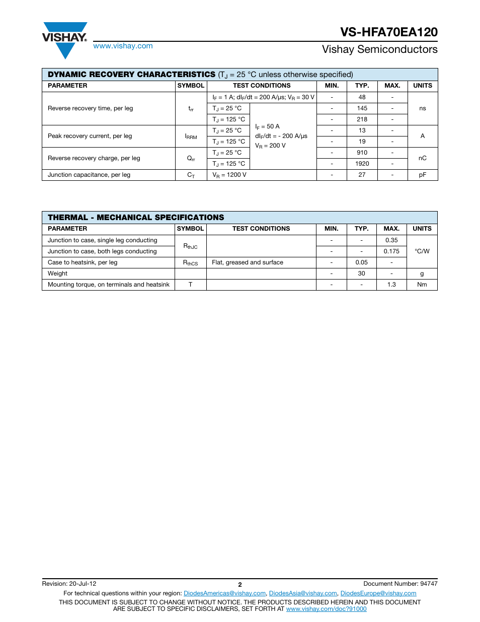 Vishay semiconductors | C&H Technology VS-HFA70EA120 User Manual | Page 3 / 8