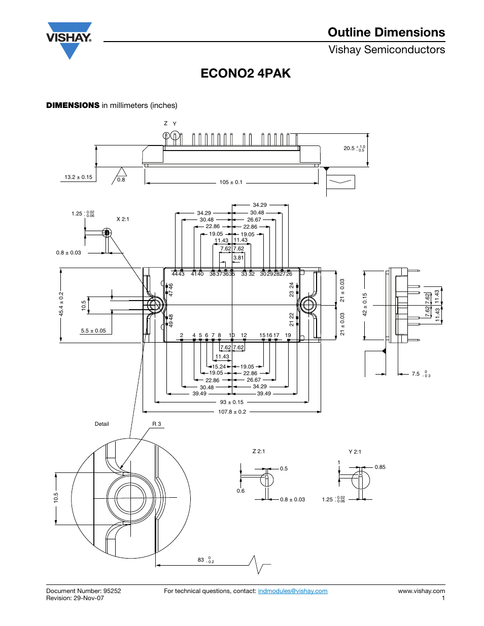 Econo2 4pak outline dimensions, Vishay semiconductors, Dimensions in millimeters (inches) | C&H Technology GB75YF120UT User Manual | Page 10 / 11