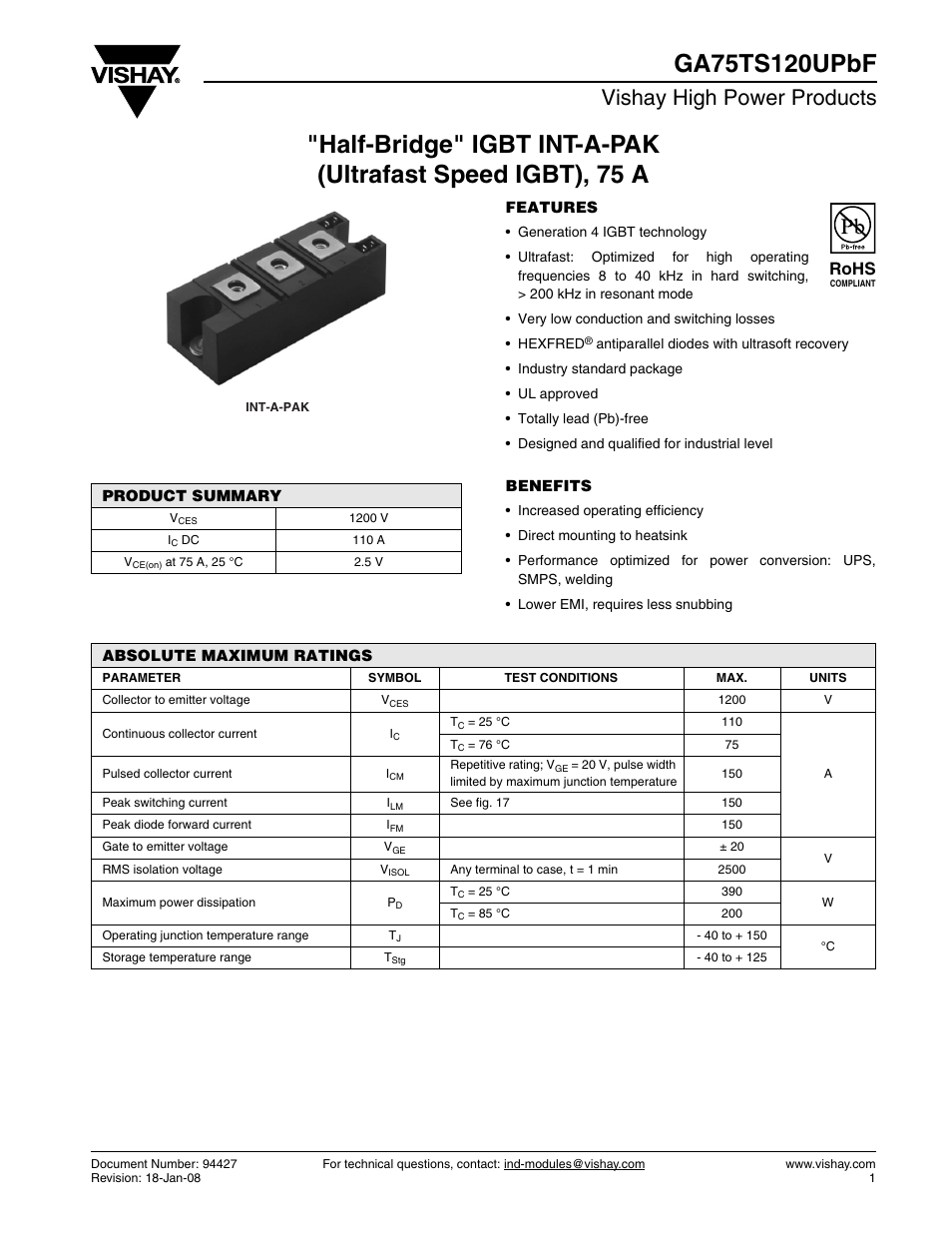 Vishay high power products, Rohs | C&H Technology GA75TS12UPbF User Manual | Page 2 / 9