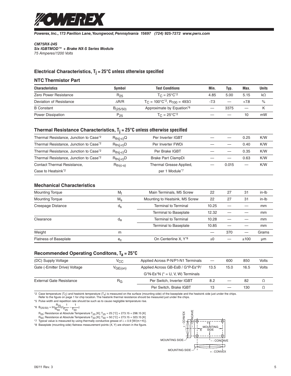 Electrical characteristics, t, Thermal resistance characteristics, t, 25°c unless otherwise specified | Mechanical characteristics, Recommended operating conditons, t, 25°c | C&H Technology CM75RX-24S User Manual | Page 7 / 11