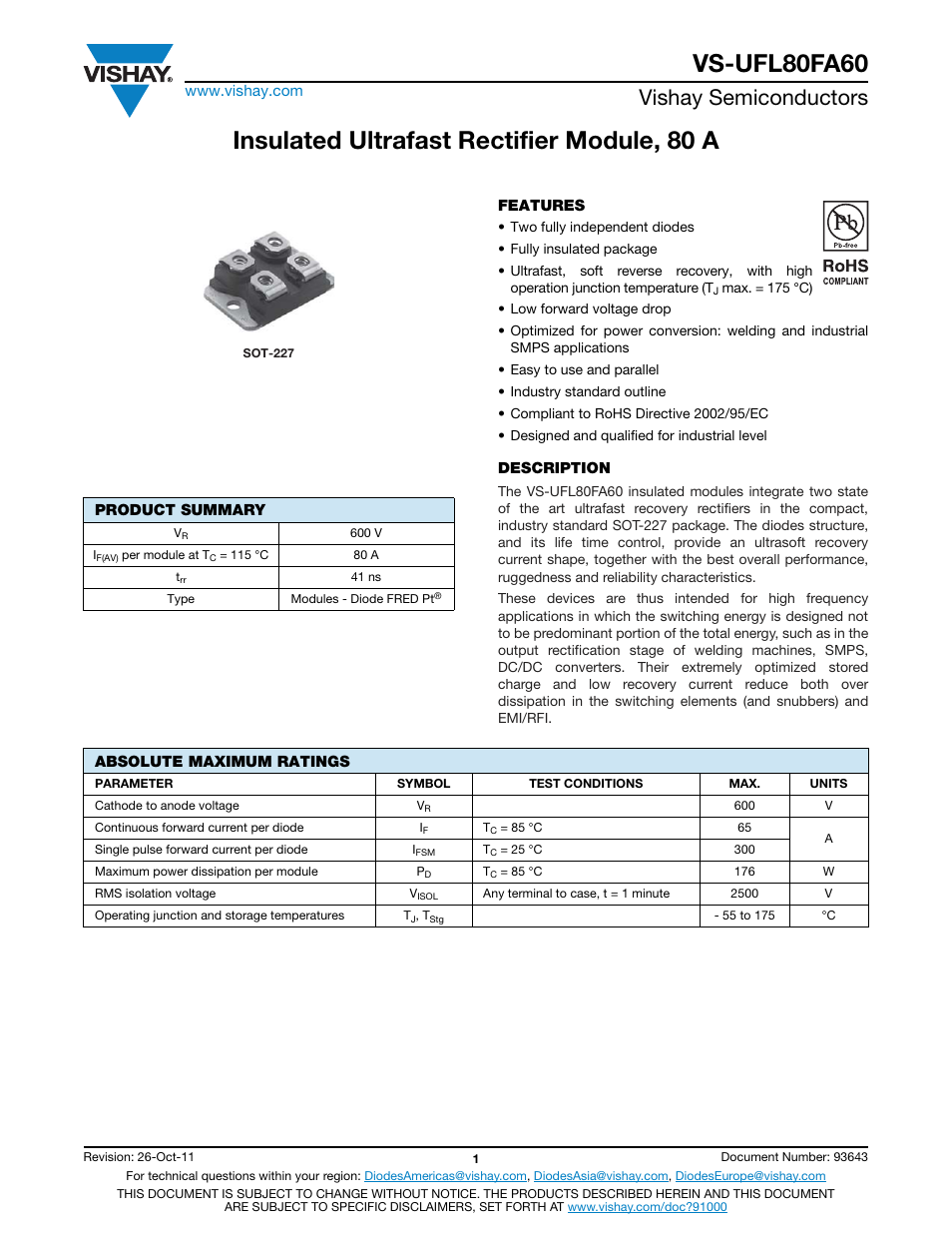 Vs-ufl80fa60, Insulated ultrafast rectifier module, 80 a, Vishay semiconductors | C&H Technology VS-UFL80FA60 User Manual | Page 2 / 8