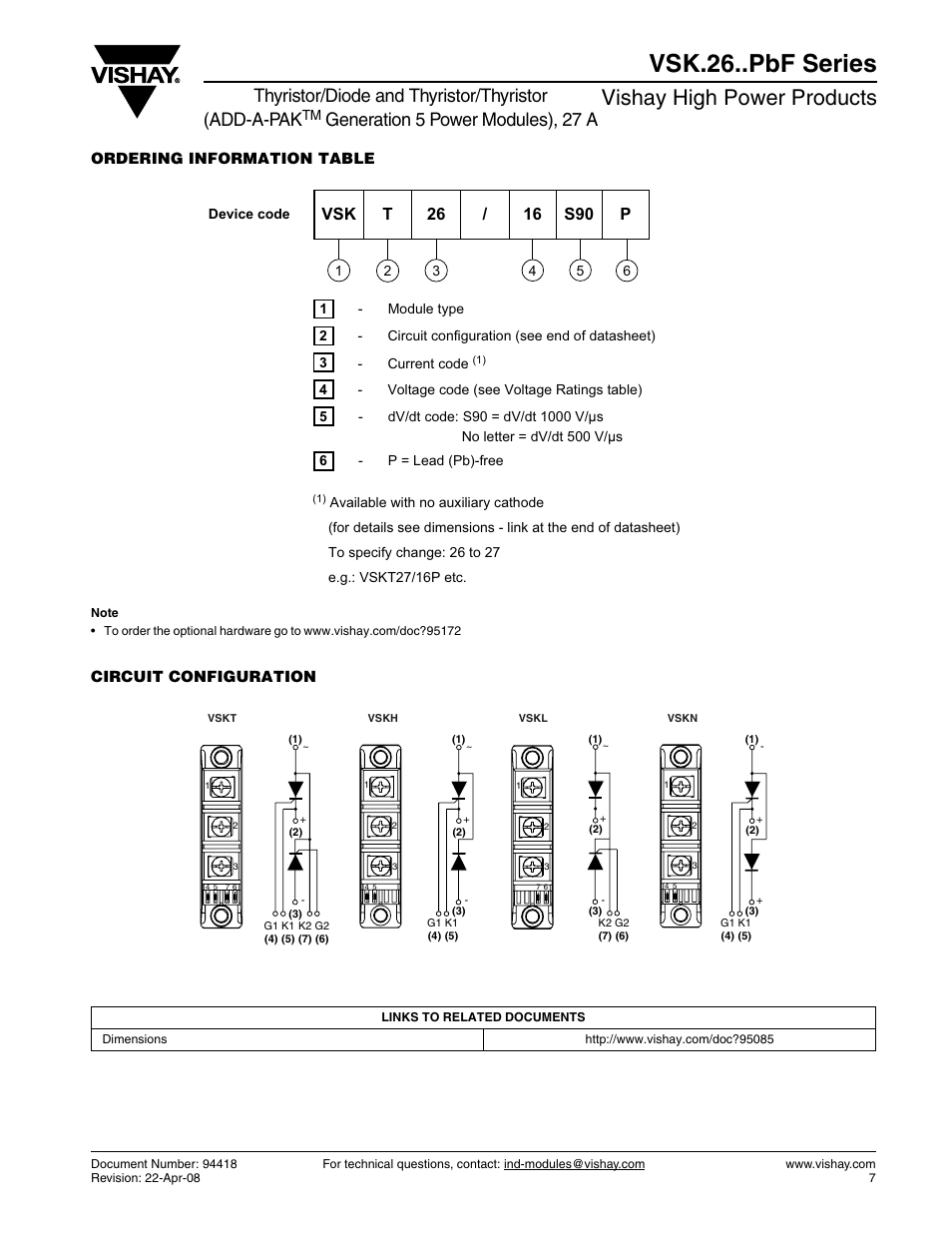 Vsk.26..pbf series, Vishay high power products, Thyristor/diode and thyristor/thyristor (add-a-pak | Generation 5 power modules), 27 a | C&H Technology VSK.26..PbF Series User Manual | Page 8 / 9