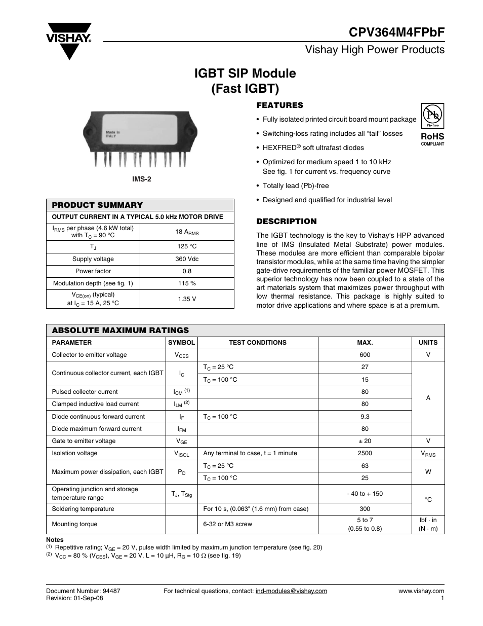 Datasheet, Igbt sip module (fast igbt) cpv364m4fpbf, Vishay high power products | Rohs | C&H Technology CPV364M4FPbF User Manual | Page 2 / 12