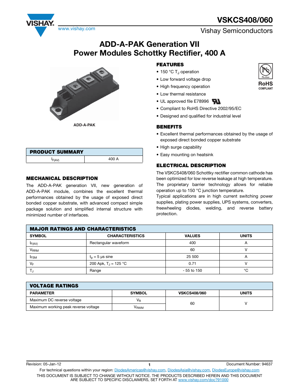 Datasheet, Vishay semiconductors | C&H Technology VSKCS408-060 User Manual | Page 2 / 10