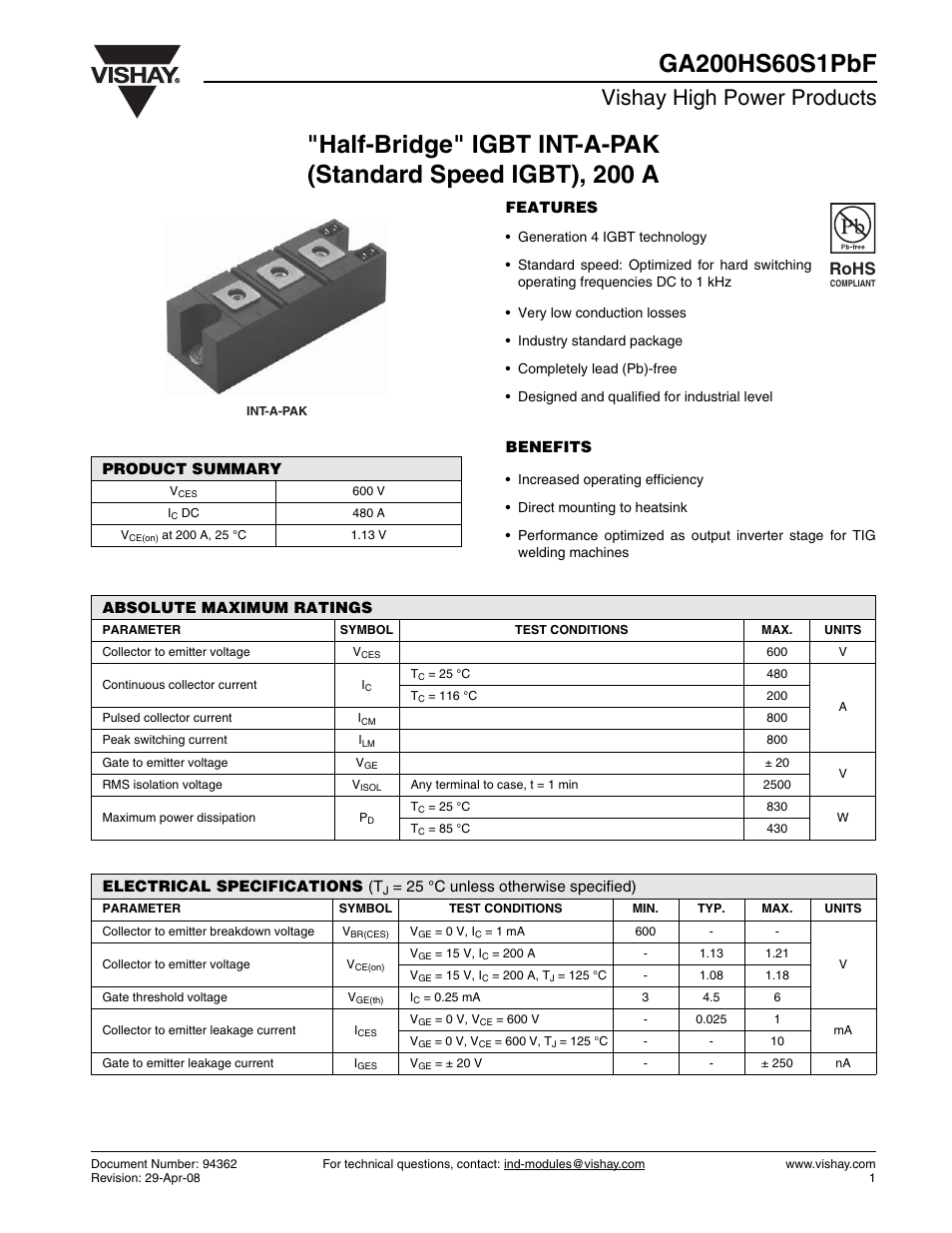 Datasheet, Vishay high power products, Rohs | C&H Technology GA200HS60S1PbF User Manual | Page 2 / 6