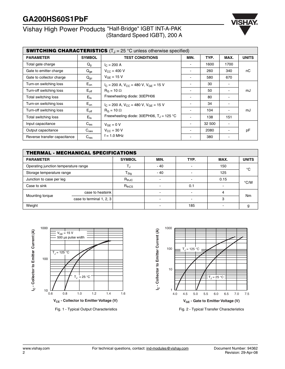 Vishay high power products, Switching characteristics (t, 25 °c unless otherwise specified) | Thermal - mechanical specifications | C&H Technology GA200HS60S1PbF User Manual | Page 3 / 6