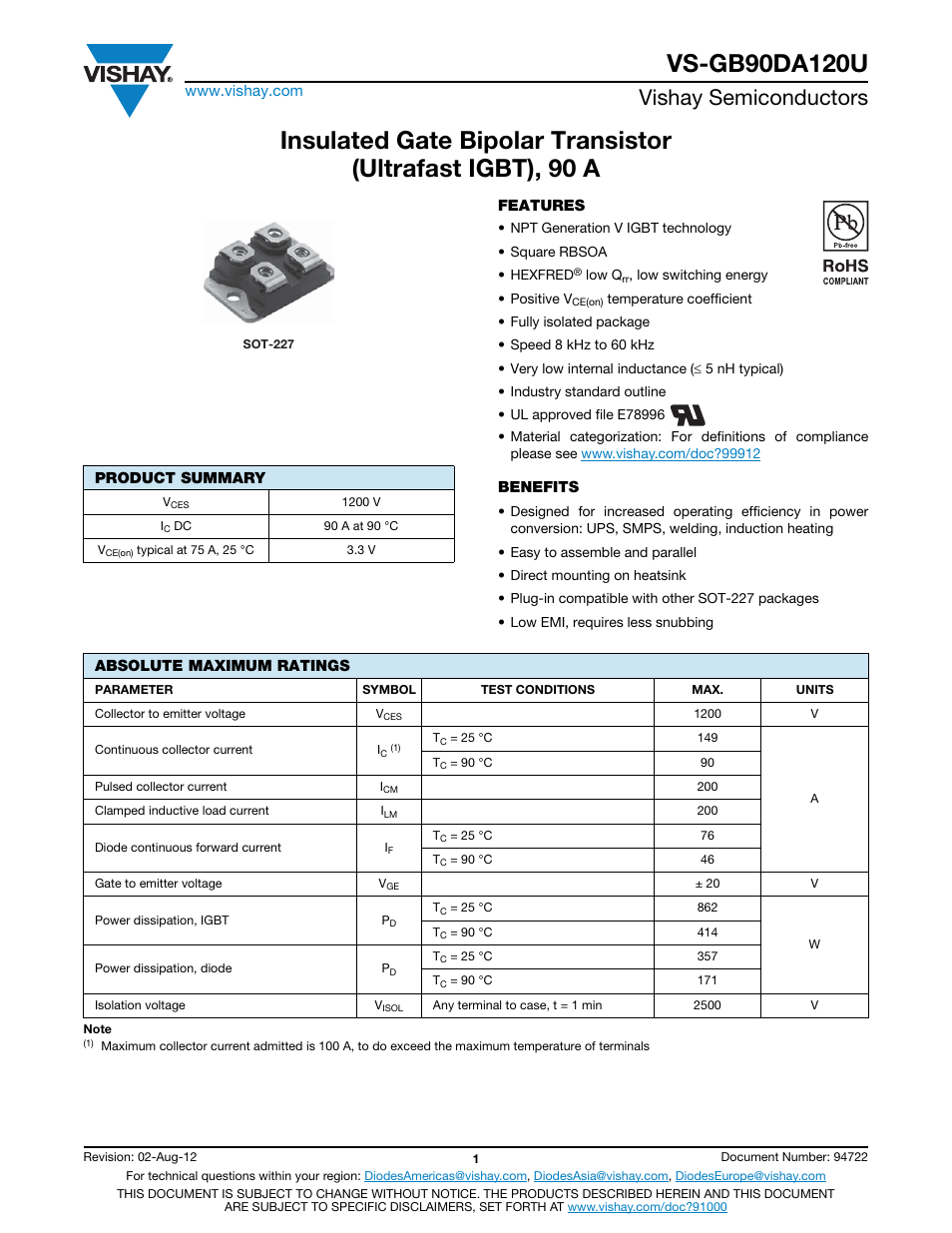 Vishay semiconductors | C&H Technology VS-GB90DA120U User Manual | Page 2 / 11