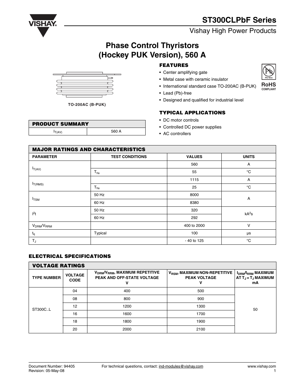 Vishay high power products, Rohs | C&H Technology ST300CLPbF Series User Manual | Page 2 / 8