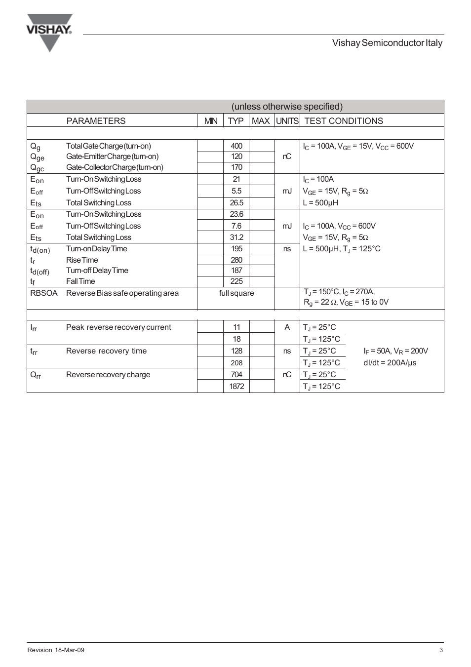 Vishay semiconductor italy, Switching characteristics @ t, 25°c (unless otherwise specified) | C&H Technology GT100NA120U User Manual | Page 4 / 6