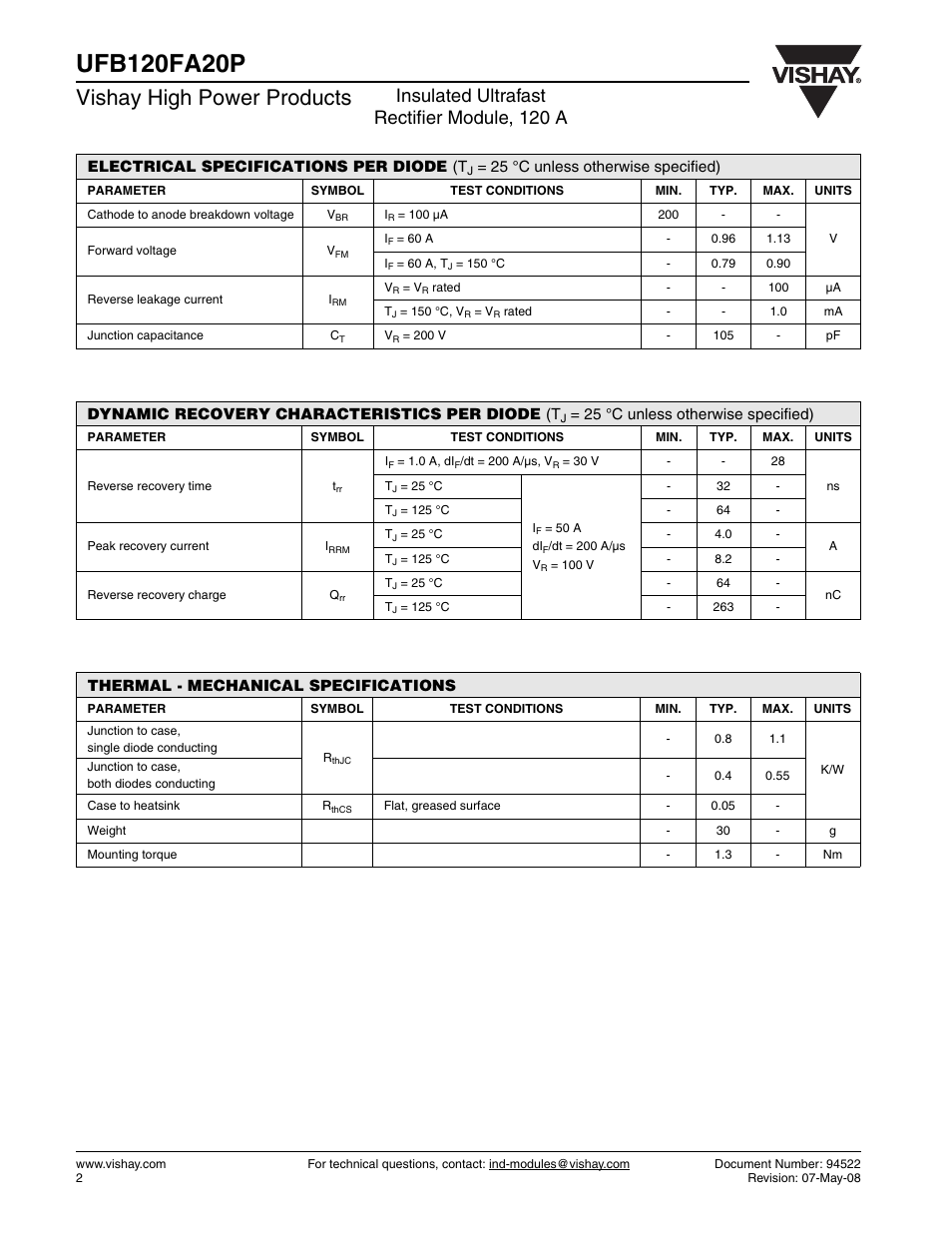 Vishay high power products, Insulated ultrafast rectifier module, 120 a | C&H Technology UFB120FA20P User Manual | Page 3 / 8