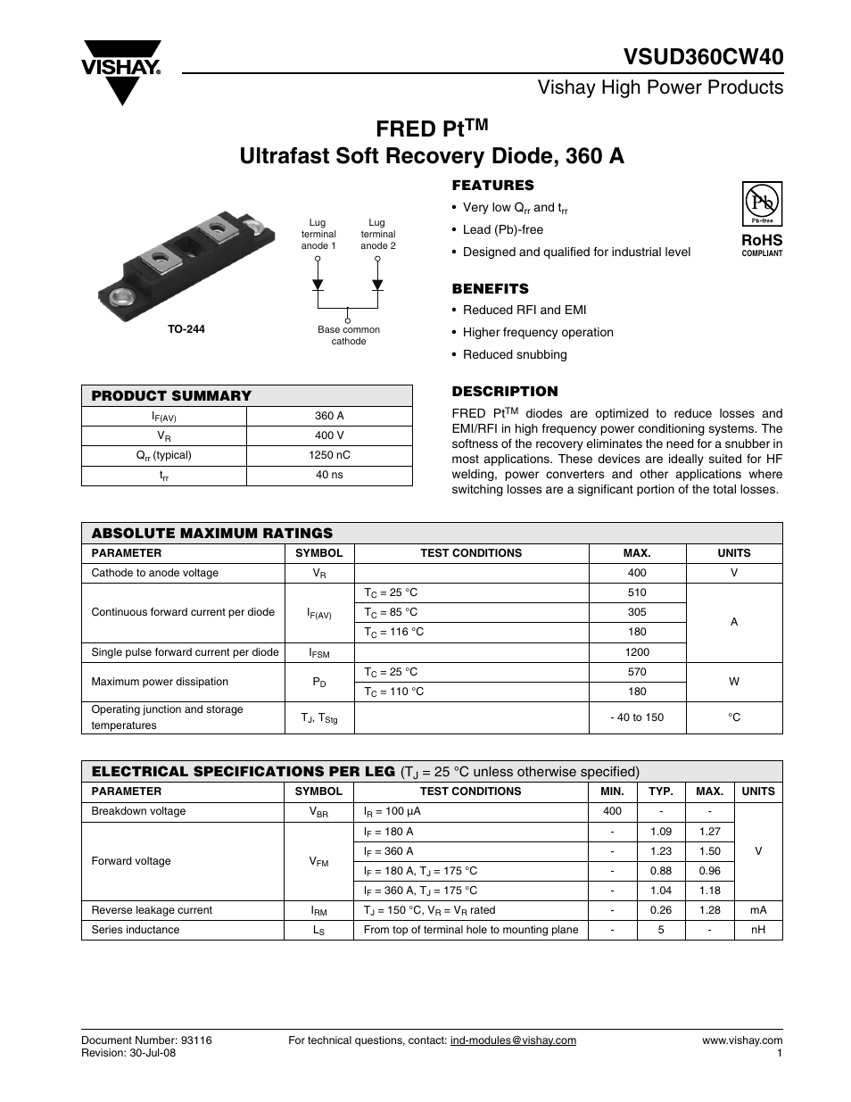 Datasheet, Fred pt, Vishay high power products | Rohs | C&H Technology VSUD360CW40 User Manual | Page 2 / 7