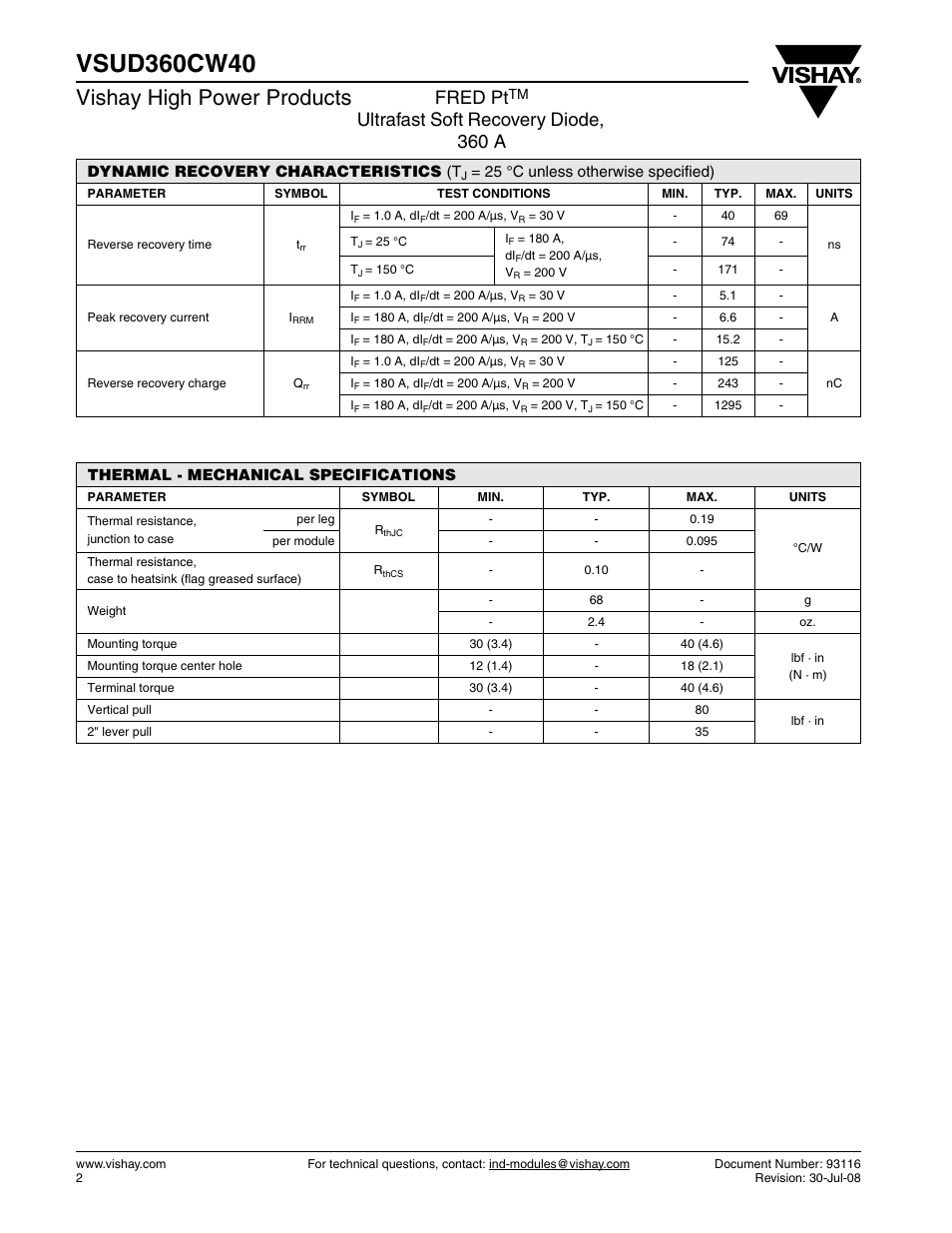 Vishay high power products, Fred pt, Ultrafast soft recovery diode, 360 a | C&H Technology VSUD360CW40 User Manual | Page 3 / 7