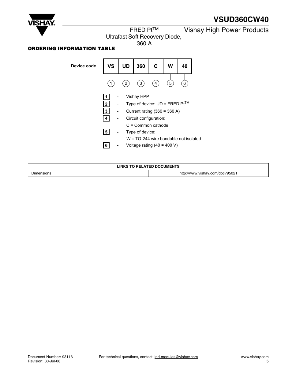Vishay high power products, Fred pt, Ultrafast soft recovery diode, 360 a | C&H Technology VSUD360CW40 User Manual | Page 6 / 7