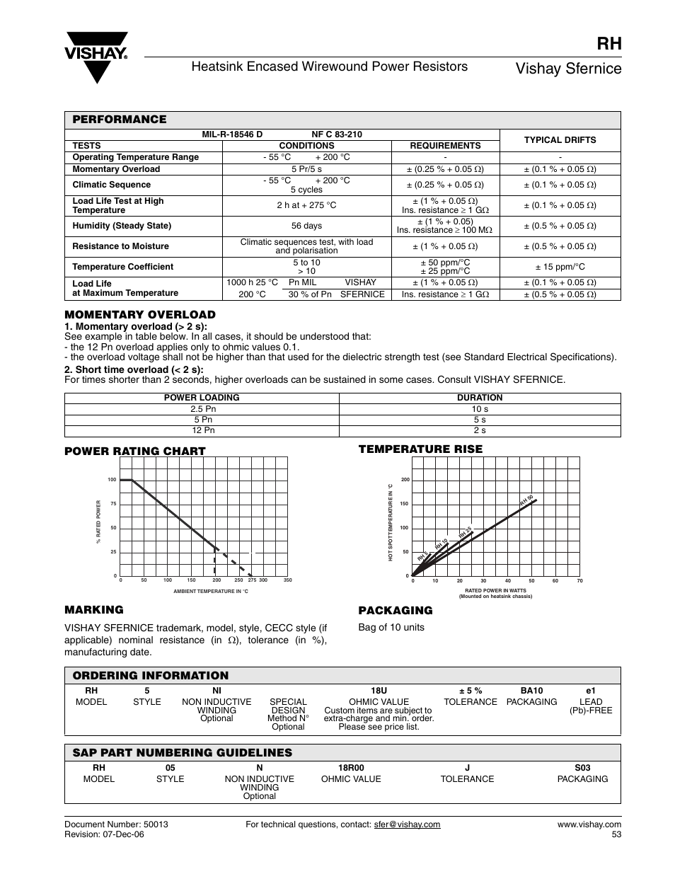 Vishay sfernice, Heatsink encased wirewound power resistors, Momentary overload | Power rating chart marking, Temperature rise, Packaging, Performance, Ordering information, Sap part numbering guidelines, Bag of 10 units | C&H Technology RH User Manual | Page 3 / 3
