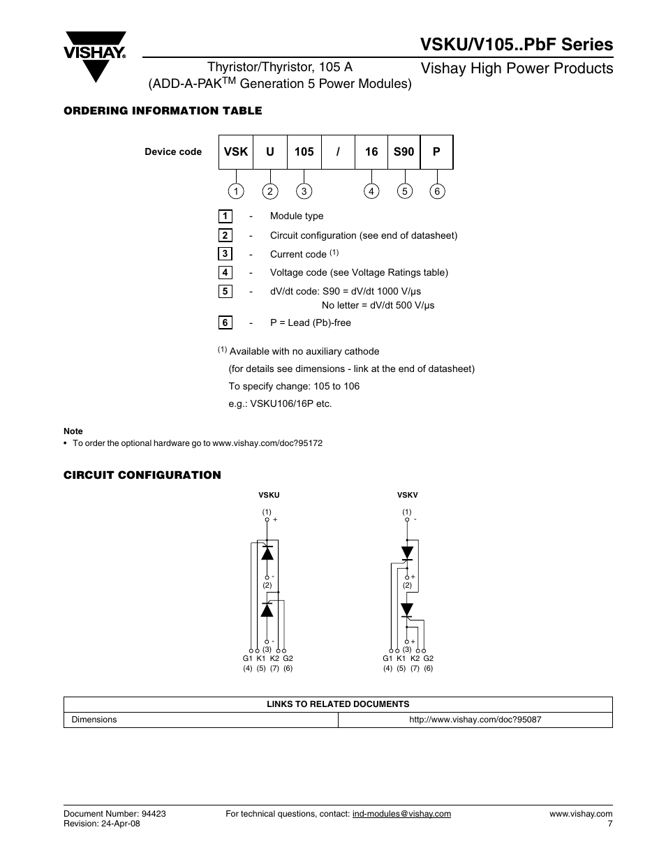 Vsku/v105..pbf series, Vishay high power products, Thyristor/thyristor, 105 a (add-a-pak | Generation 5 power modules) | C&H Technology VSKU-V105..PbF Series User Manual | Page 8 / 8