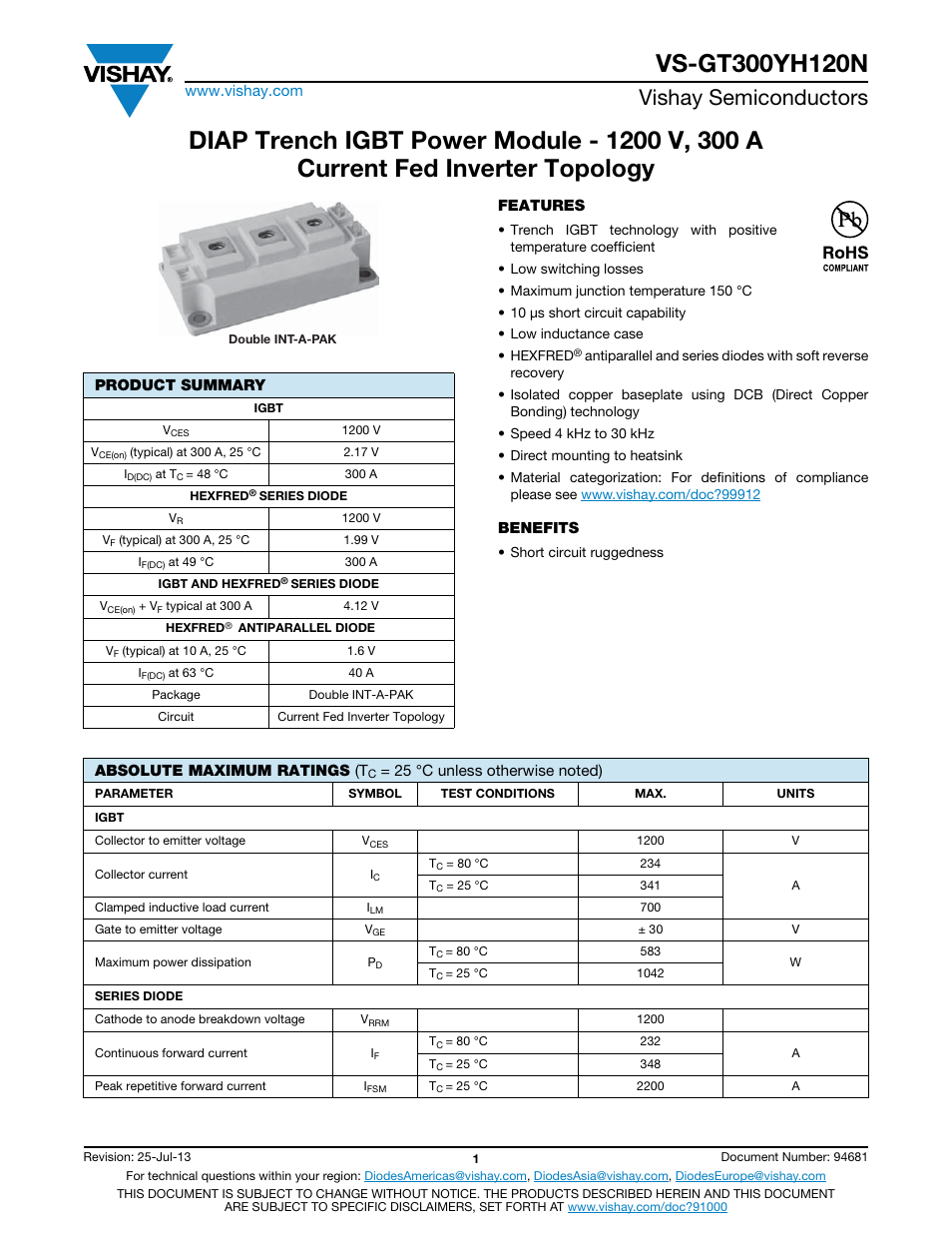 Vishay semiconductors | C&H Technology VS-GT300YH120N User Manual | Page 2 / 11