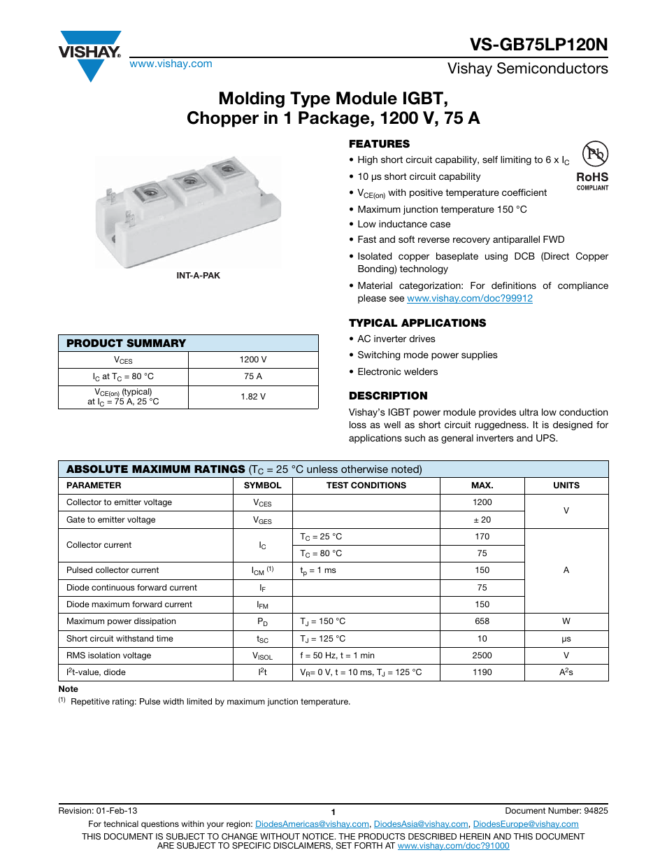 Vishay semiconductors | C&H Technology VS-GB75LP120N User Manual | Page 2 / 7