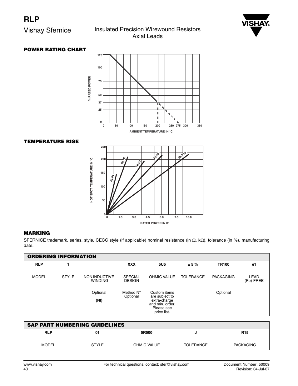 Vishay sfernice, Power rating chart temperature rise marking, Ordering information | Sap part numbering guidelines | C&H Technology RLP User Manual | Page 4 / 4