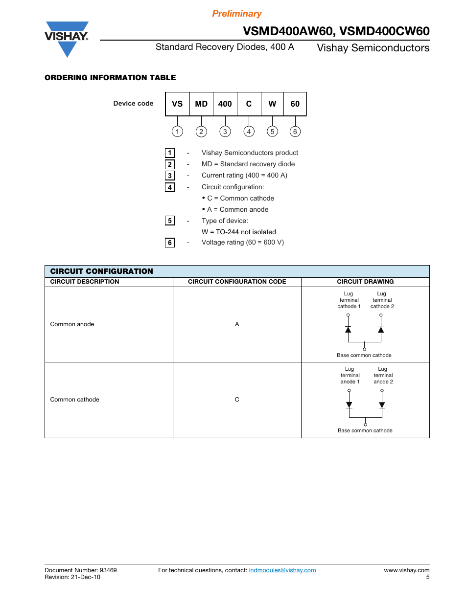 Vishay semiconductors, Standard recovery diodes, 400 a, Preliminary | Vishay VSMD400AW60 User Manual | Page 5 / 6