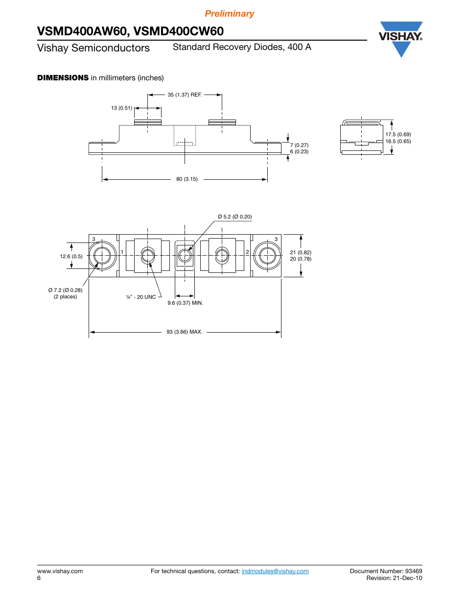 Vishay semiconductors, Standard recovery diodes, 400 a preliminary | Vishay VSMD400AW60 User Manual | Page 6 / 6