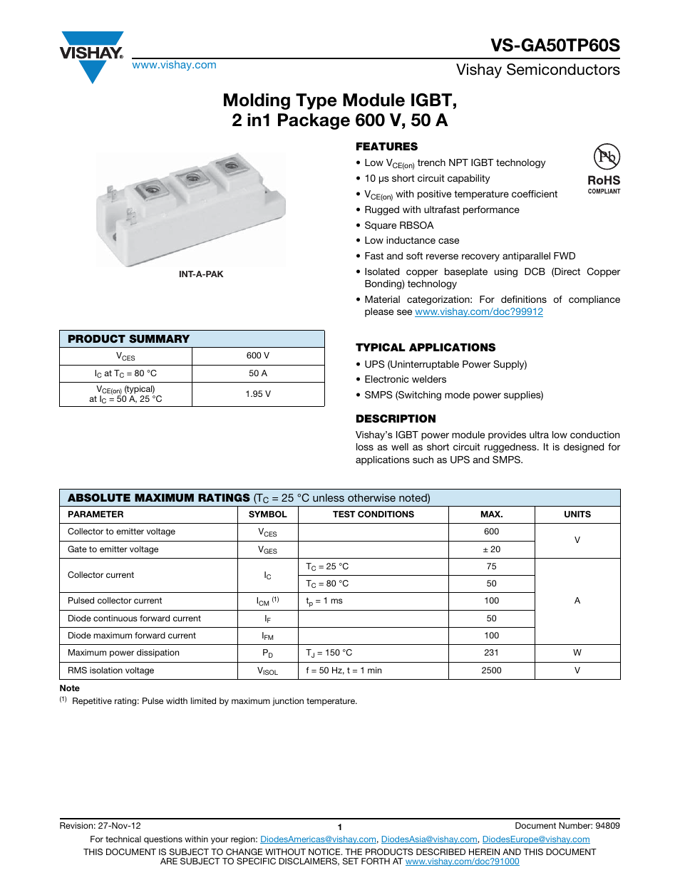 Vs-ga50tp60s, Vishay semiconductors | C&H Technology VS-GA50TP60S User Manual | Page 2 / 7